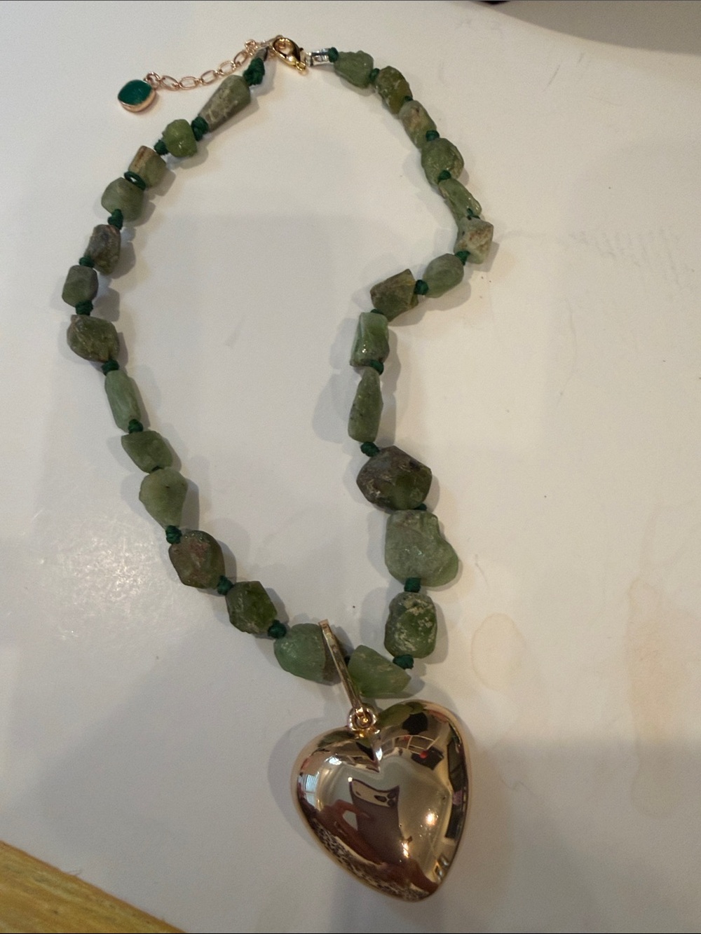 Gold Heart Pendant Necklace with Green Natural Peridot Stone Beads